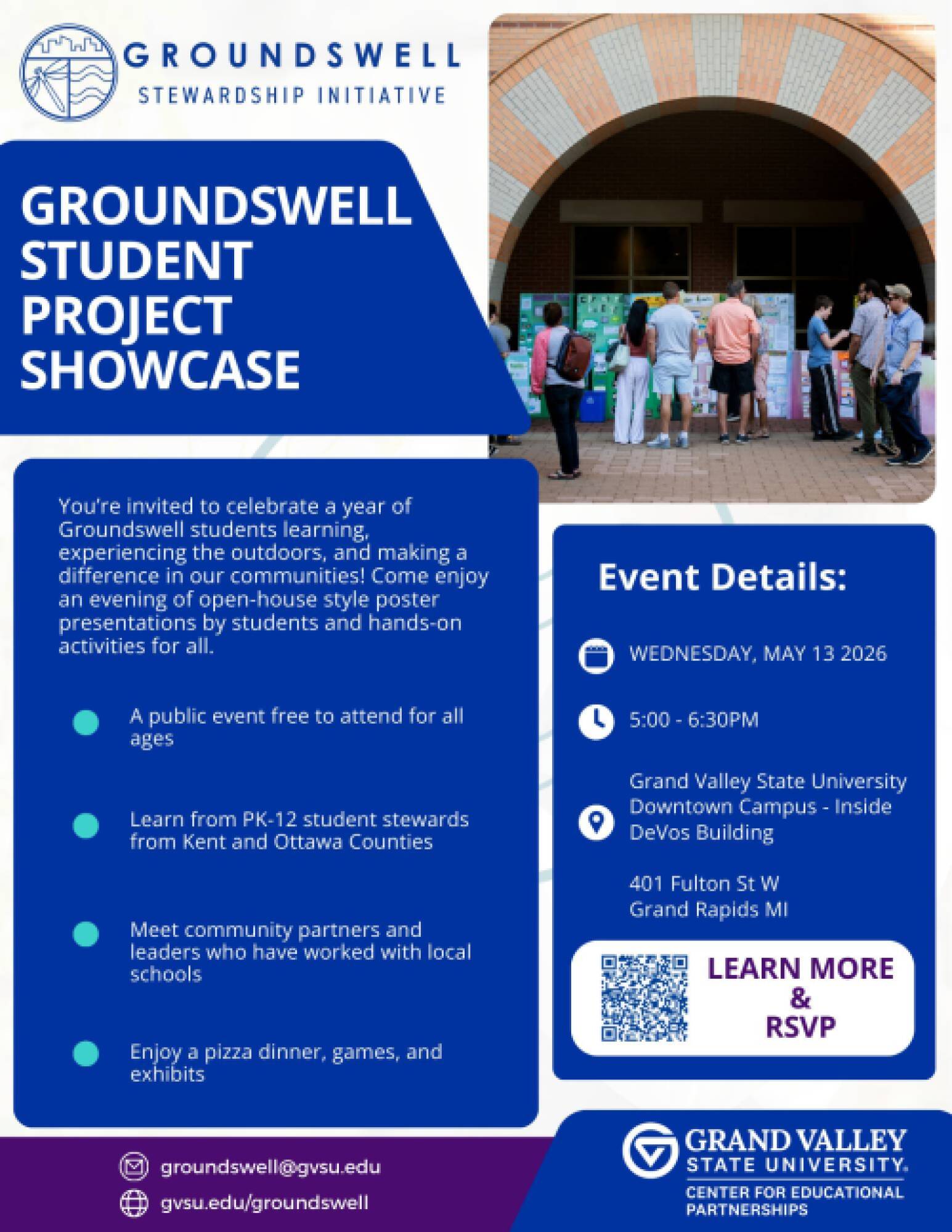 Flyer with general information on for showcase event; May 13th, 2026 at 5pm, location 401 Fulton St. W Grand Rapids MI